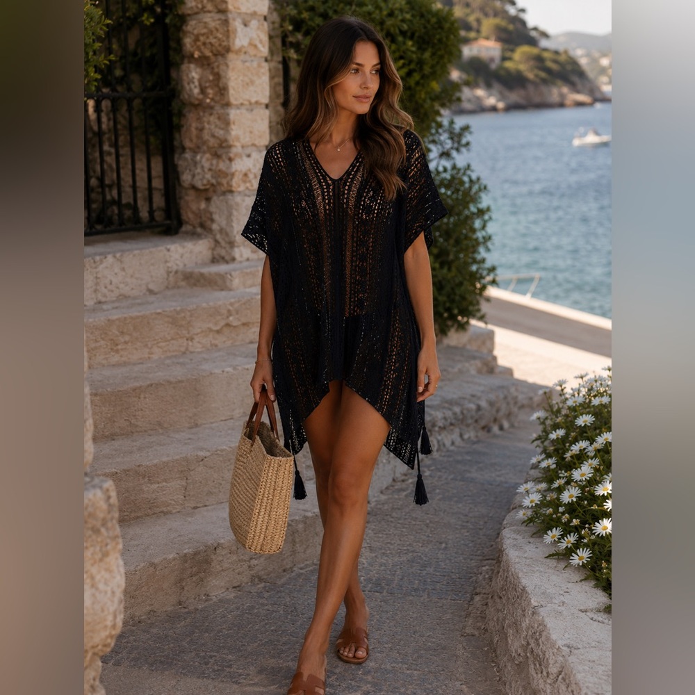 Black Crochet Swim Cover-Up Tunic